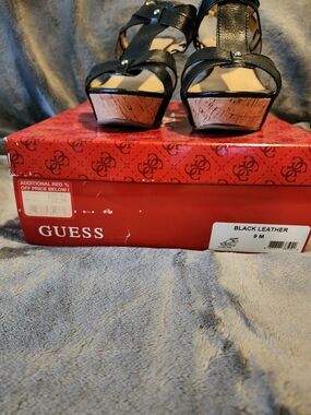 Guess Black Leather Cork-Platform Strappy Sandals 9 M